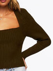 Ribbed Square Neck Long Sleeve Sweater - FLORENTINE IRIS