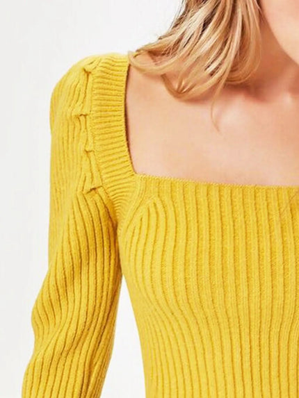 Ribbed Square Neck Long Sleeve Sweater - FLORENTINE IRIS