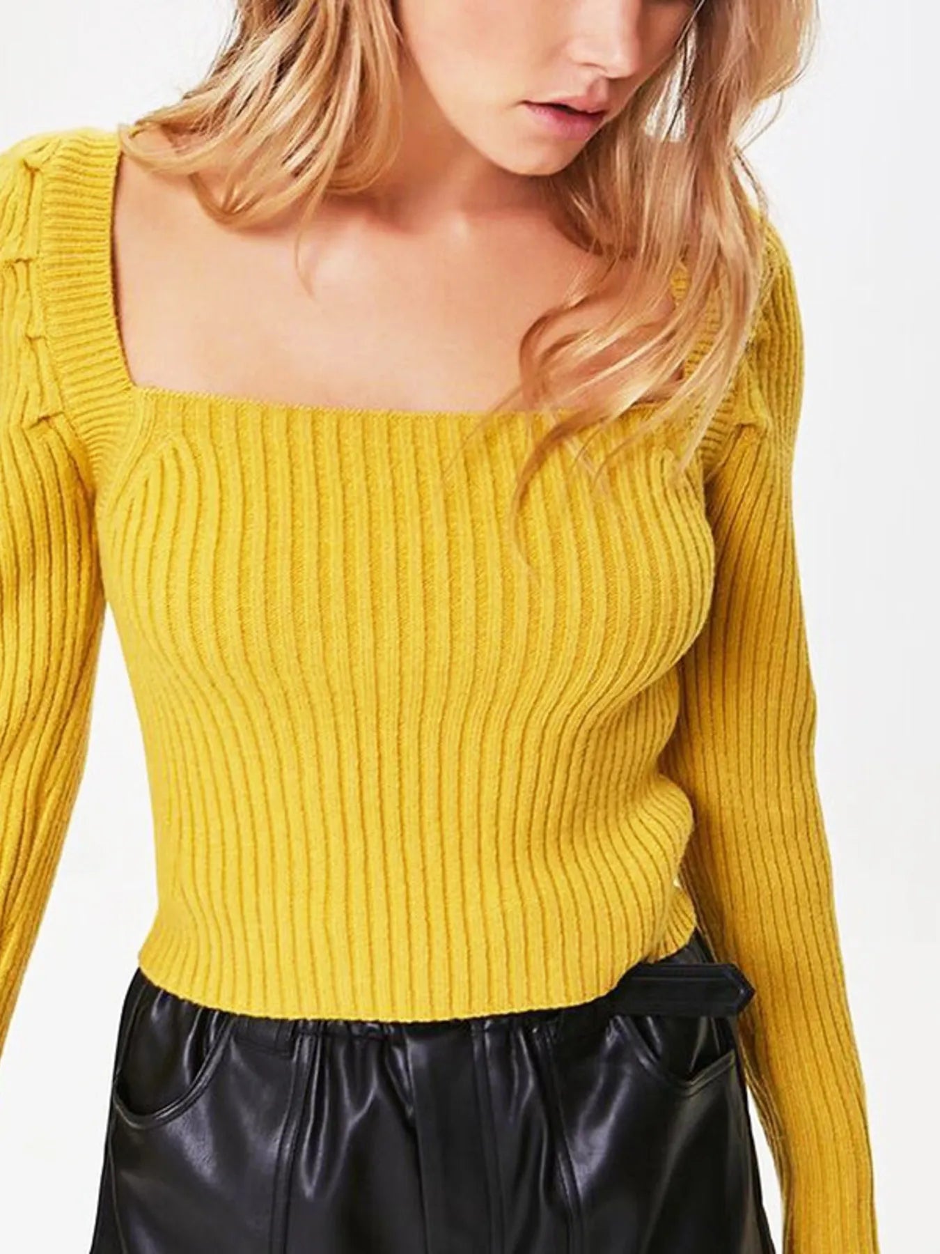 Ribbed Square Neck Long Sleeve Sweater - FLORENTINE IRIS