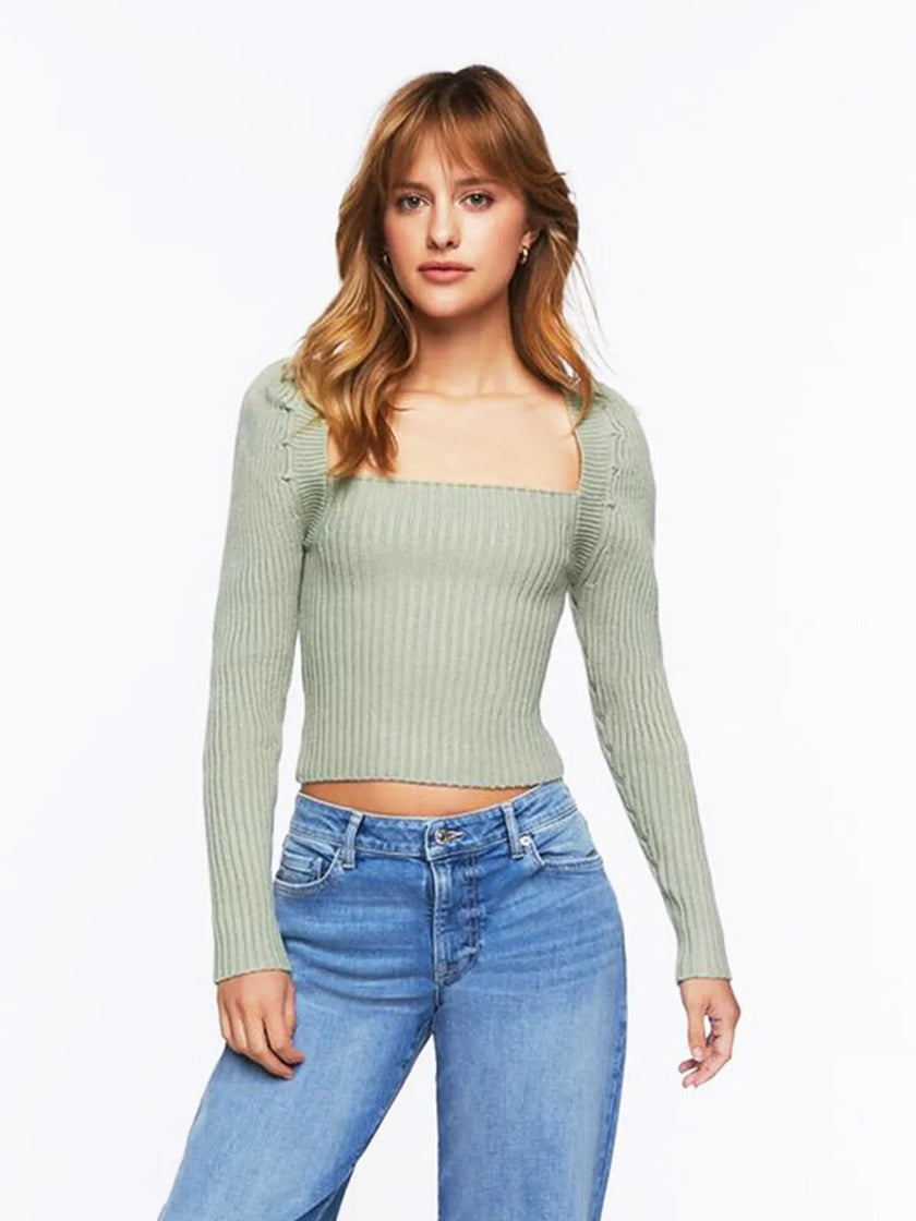Ribbed Square Neck Long Sleeve Sweater - FLORENTINE IRIS