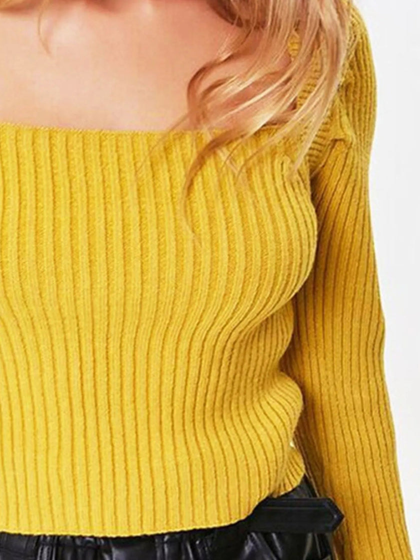 Ribbed Square Neck Long Sleeve Sweater - FLORENTINE IRIS