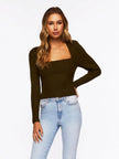 Ribbed Square Neck Long Sleeve Sweater - FLORENTINE IRIS