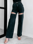 Ripped Wide Leg Wash Denim Jeans - FLORENTINE IRIS