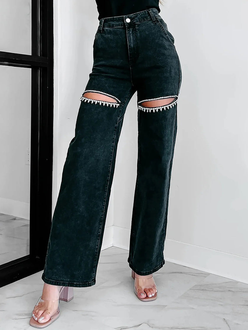 Ripped Wide Leg Wash Denim Jeans - FLORENTINE IRIS