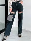 Ripped Wide Leg Wash Denim Jeans - FLORENTINE IRIS