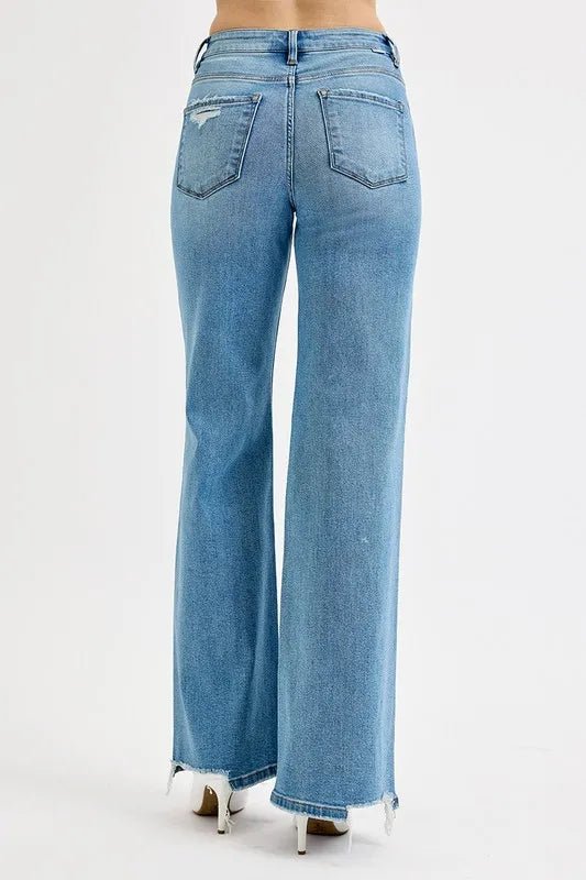 RISEN Full Size Distressed Wide Leg Jeans Plus Size - FLORENTINE IRIS