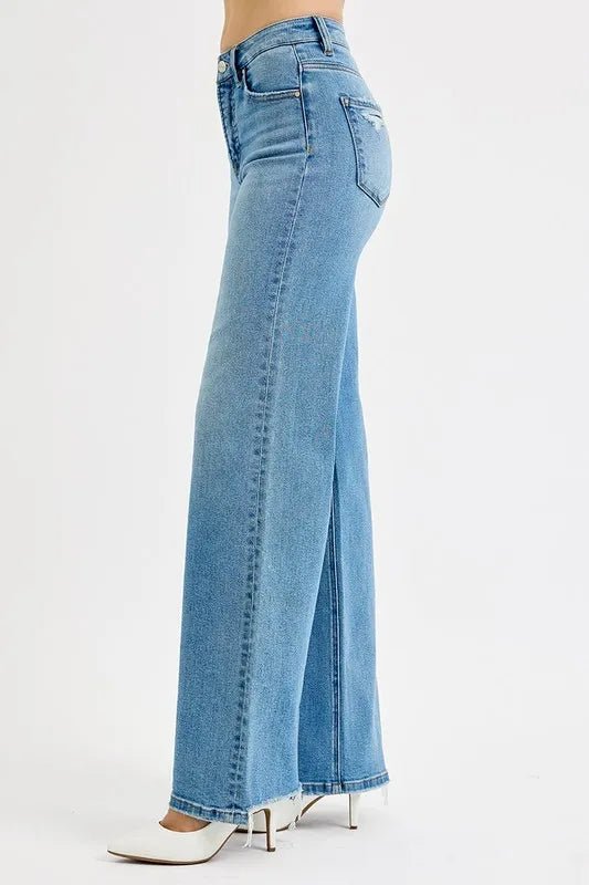 RISEN Full Size Distressed Wide Leg Jeans Plus Size - FLORENTINE IRIS