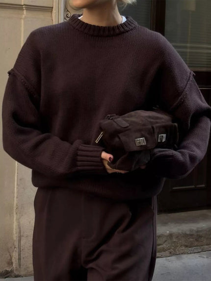 Round Neck Dropped Shoulder Sweater - FLORENTINE IRIS