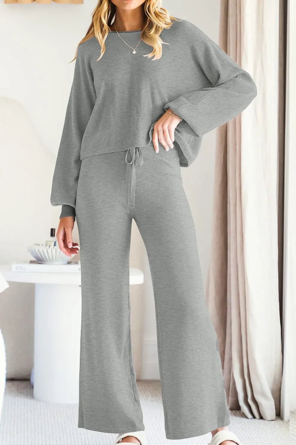 Round Neck Long Sleeve Top and Pants Set - FLORENTINE IRIS