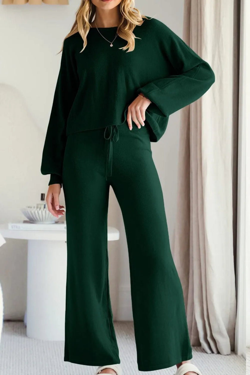 Round Neck Long Sleeve Top and Pants Set - FLORENTINE IRIS