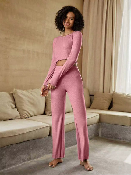 Round Neck Long Sleeve Top and Pants Set - FLORENTINE IRIS