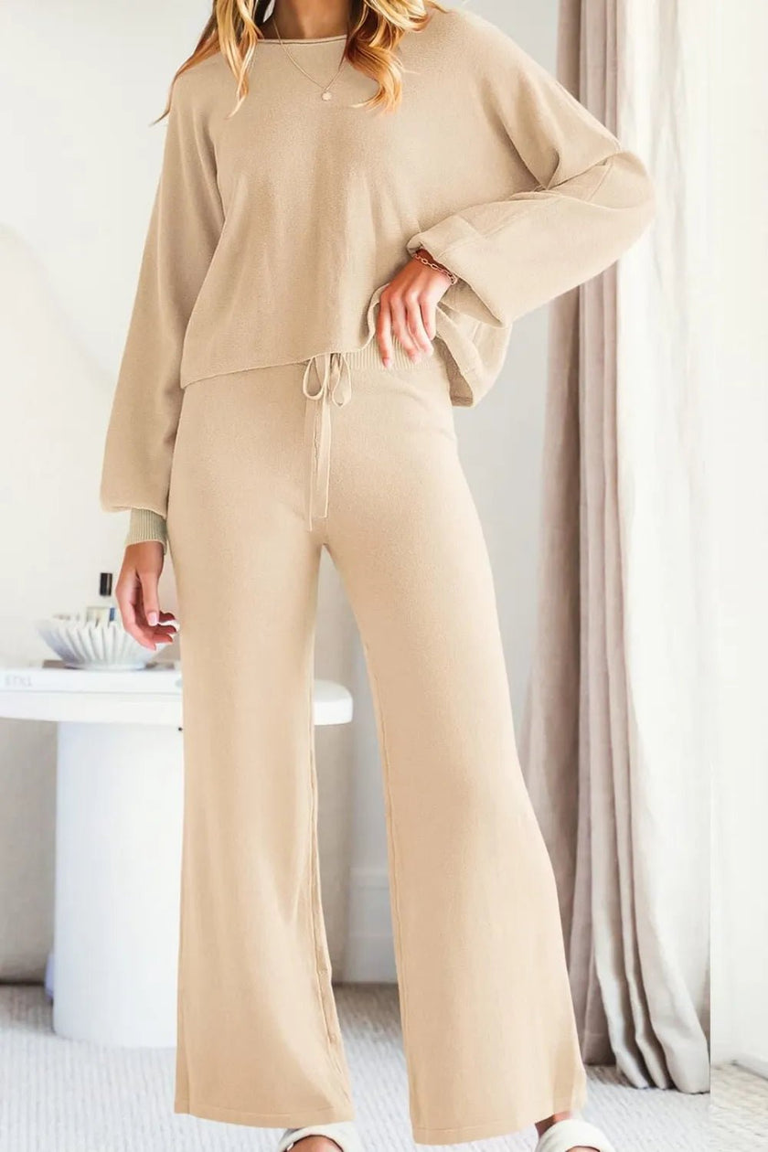 Round Neck Long Sleeve Top and Pants Set - FLORENTINE IRIS