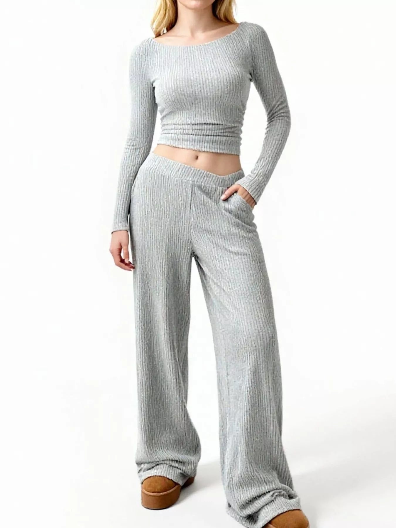Round Neck Long Sleeve Top and Pants Set - FLORENTINE IRIS