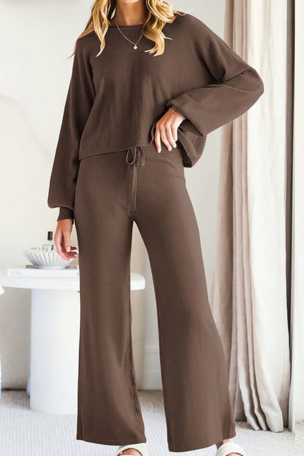 Round Neck Long Sleeve Top and Pants Set - FLORENTINE IRIS