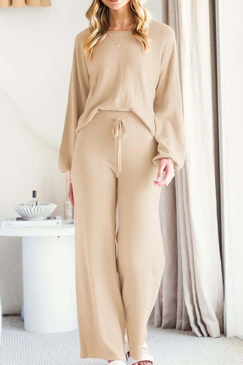 Round Neck Long Sleeve Top and Pants Set - FLORENTINE IRIS