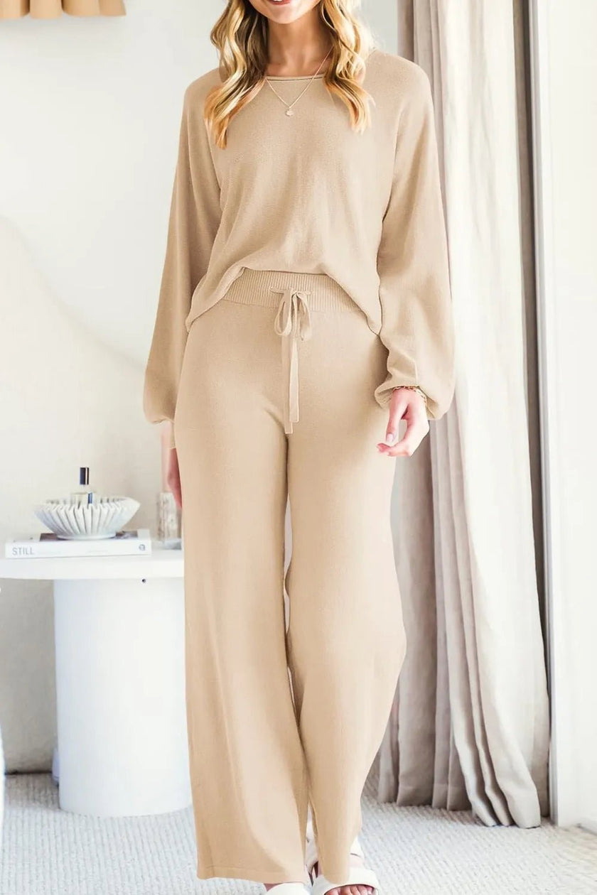 Round Neck Long Sleeve Top and Pants Set - FLORENTINE IRIS