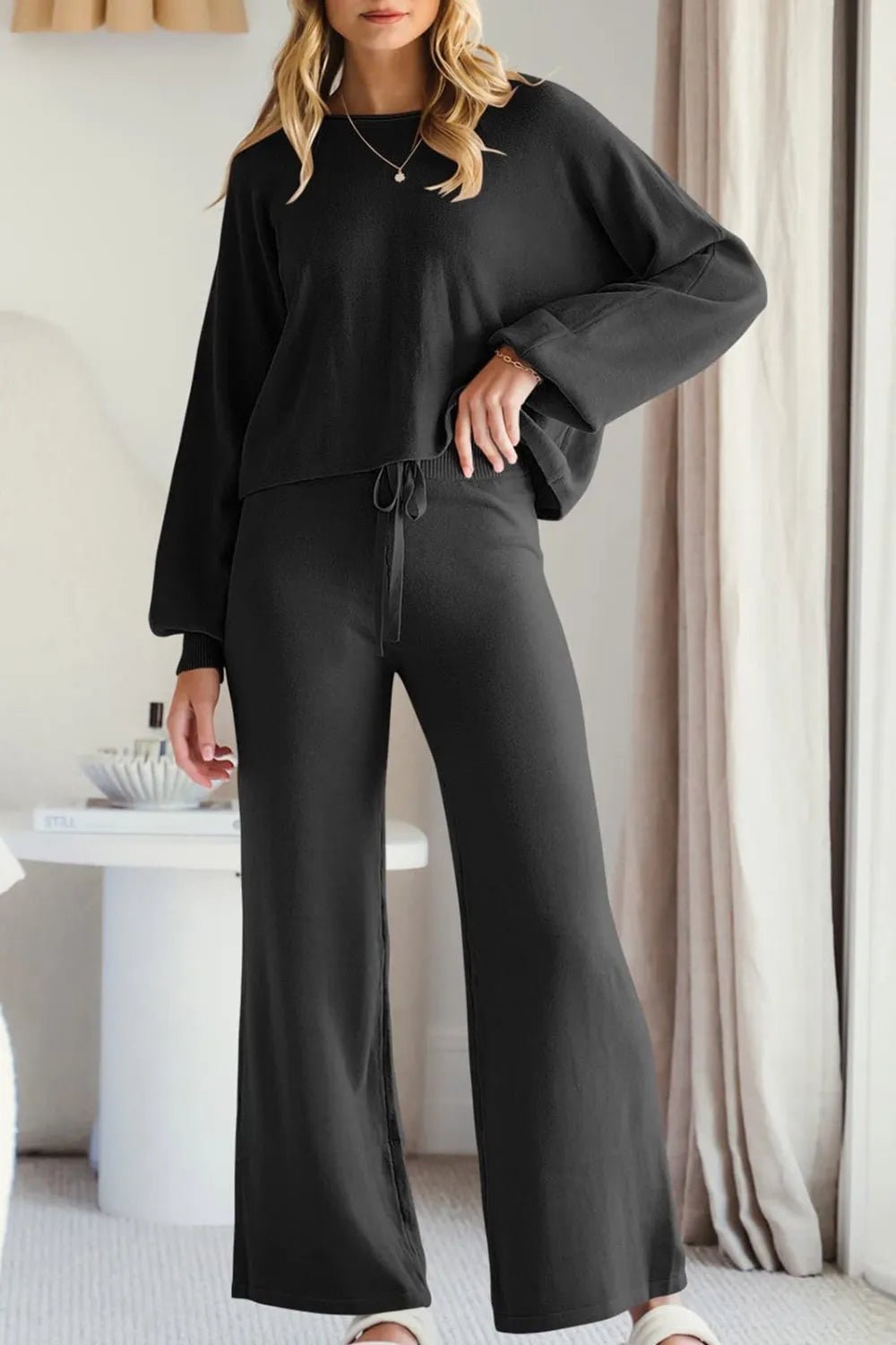 Round Neck Long Sleeve Top and Pants Set - FLORENTINE IRIS
