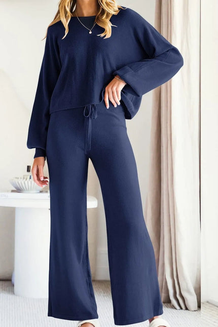 Round Neck Long Sleeve Top and Pants Set - FLORENTINE IRIS