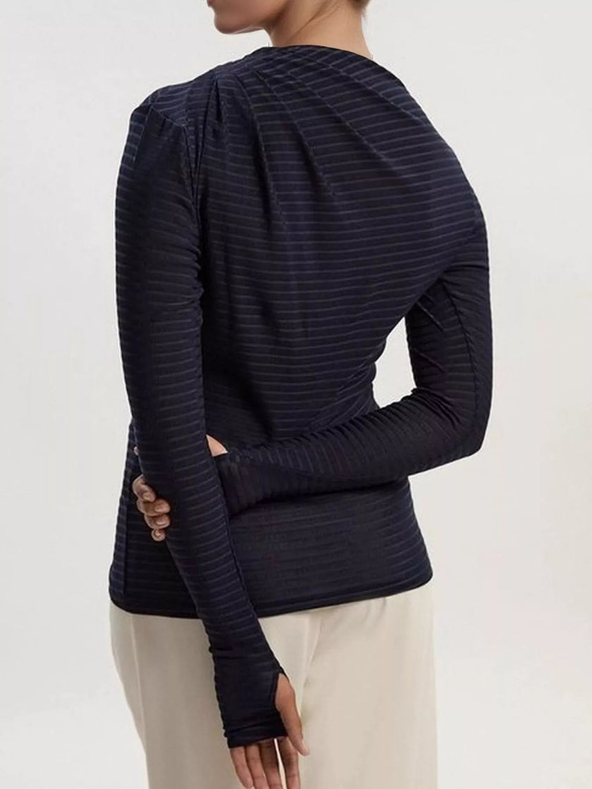 Ruched Striped Long Sleeve Top - FLORENTINE IRIS