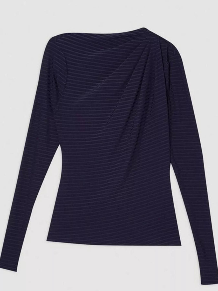 Ruched Striped Long Sleeve Top - FLORENTINE IRIS