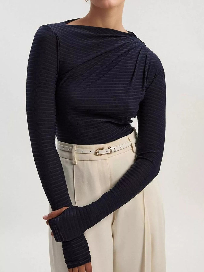 Ruched Striped Long Sleeve Top - FLORENTINE IRIS