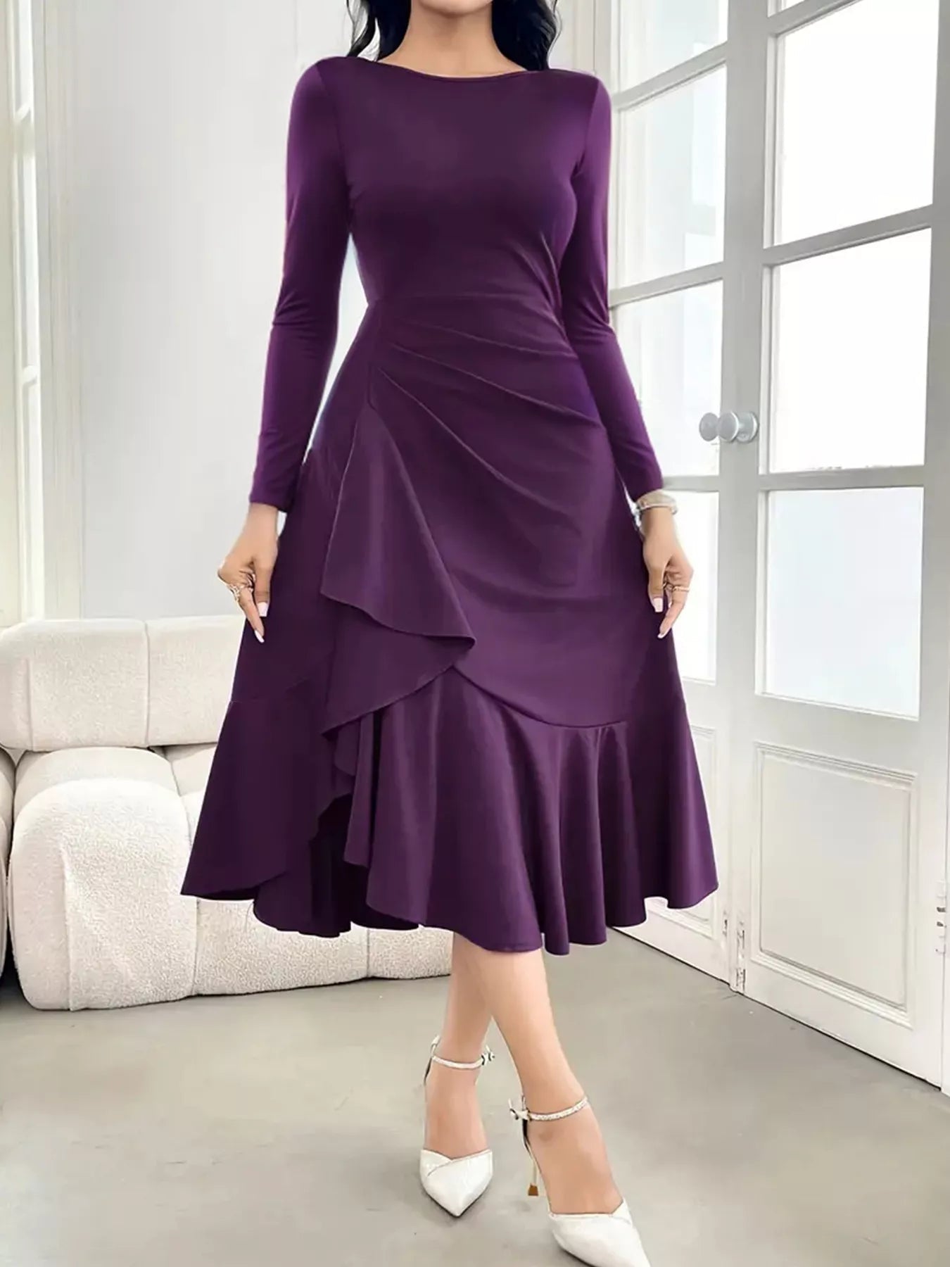 Ruffle Hem Long Sleeve Midi Dress - FLORENTINE IRIS