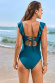 Ruffled Plunge One - Piece Swimwear - FLORENTINE IRIS