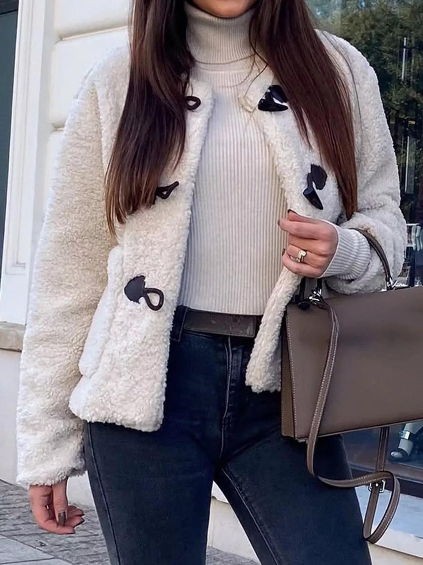 Sherpa Fleece Toggle Button Jacket - FLORENTINE IRIS