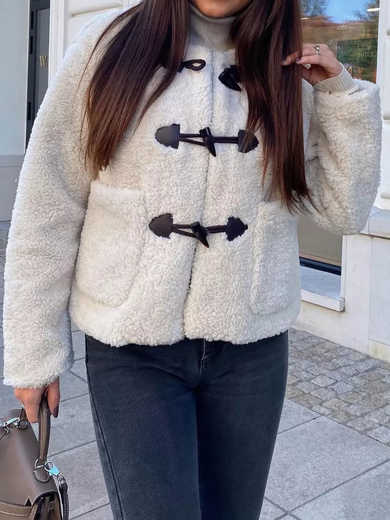 Sherpa Fleece Toggle Button Jacket - FLORENTINE IRIS