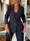 Single - Breasted Blazer and Jeans Denim Set - FLORENTINE IRIS