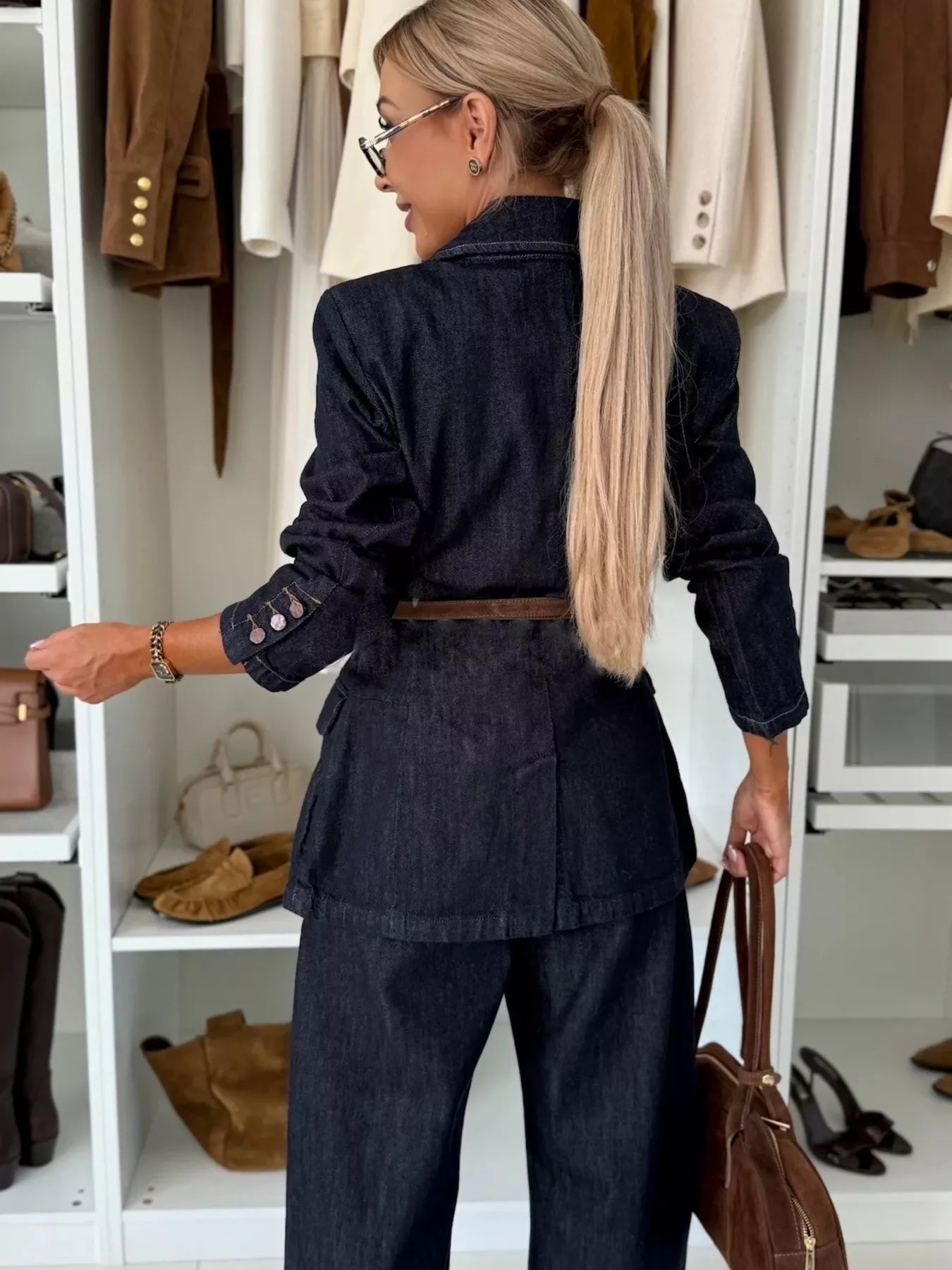 Single - Breasted Blazer and Jeans Denim Set - FLORENTINE IRIS