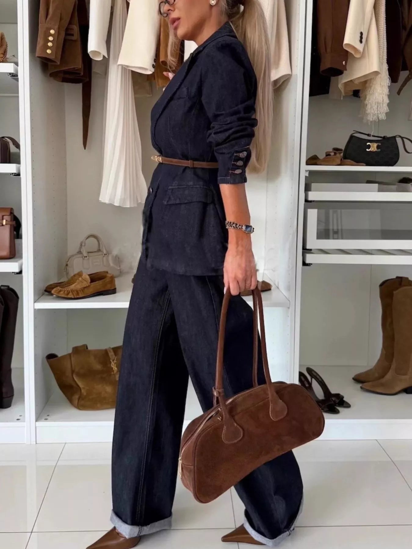 Single - Breasted Blazer and Jeans Denim Set - FLORENTINE IRIS