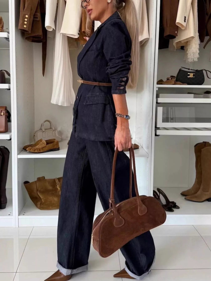 Single - Breasted Blazer and Jeans Denim Set - FLORENTINE IRIS