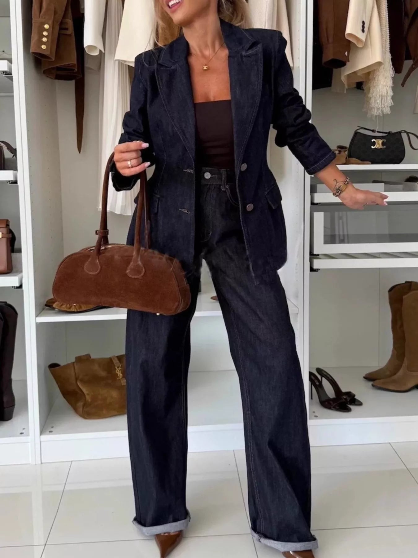 Single - Breasted Blazer and Jeans Denim Set - FLORENTINE IRIS