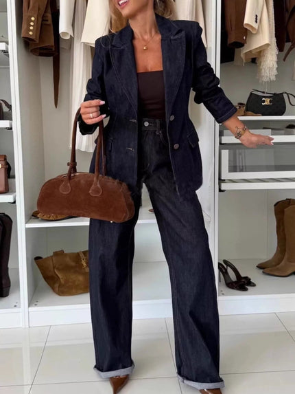 Single - Breasted Blazer and Jeans Denim Set - FLORENTINE IRIS