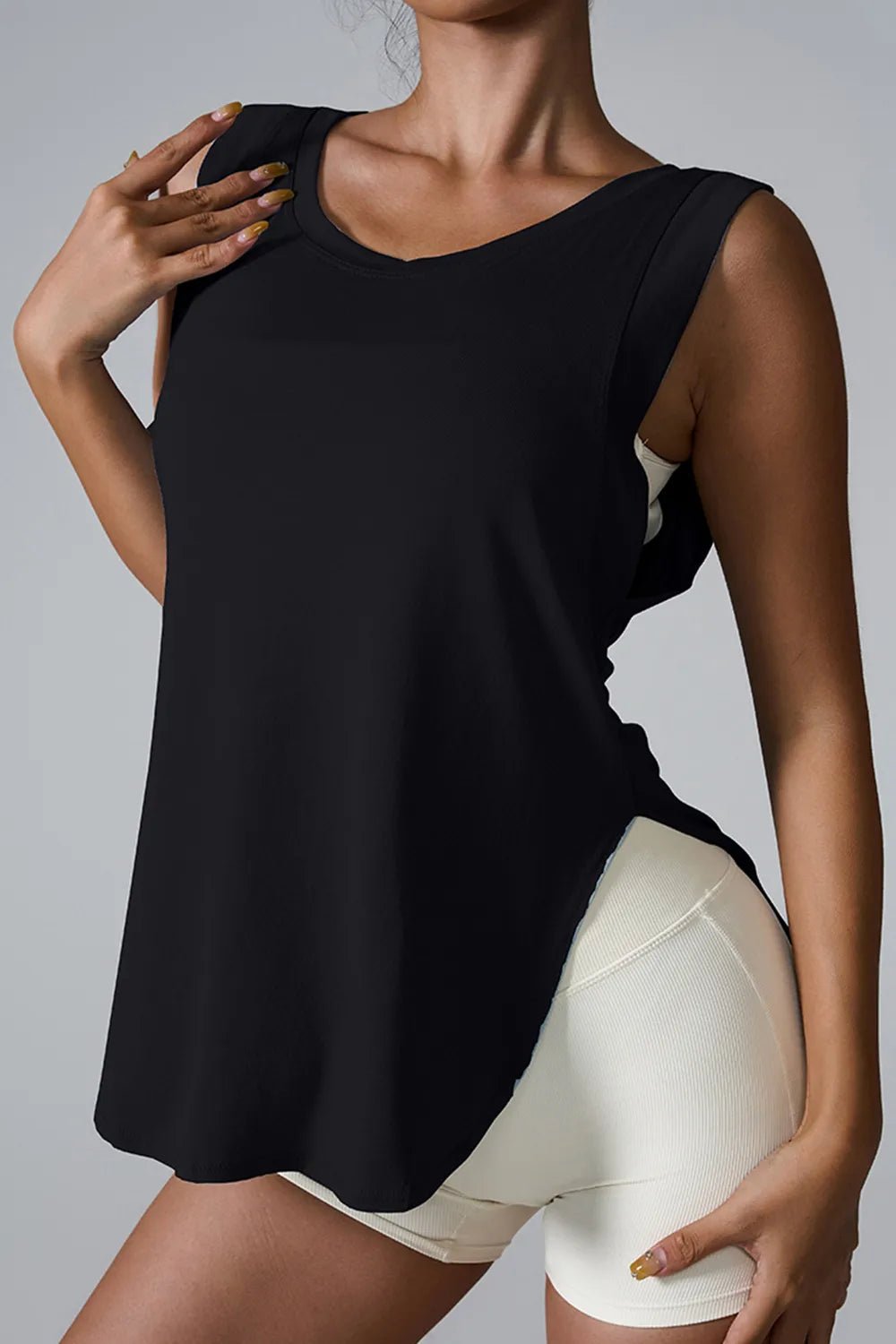 Slit Round Neck Active Tank - FLORENTINE IRIS