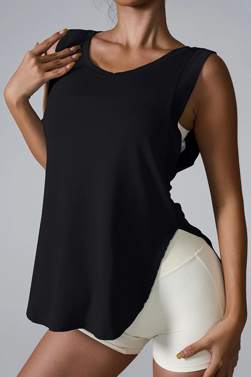 Slit Round Neck Active Tank - FLORENTINE IRIS