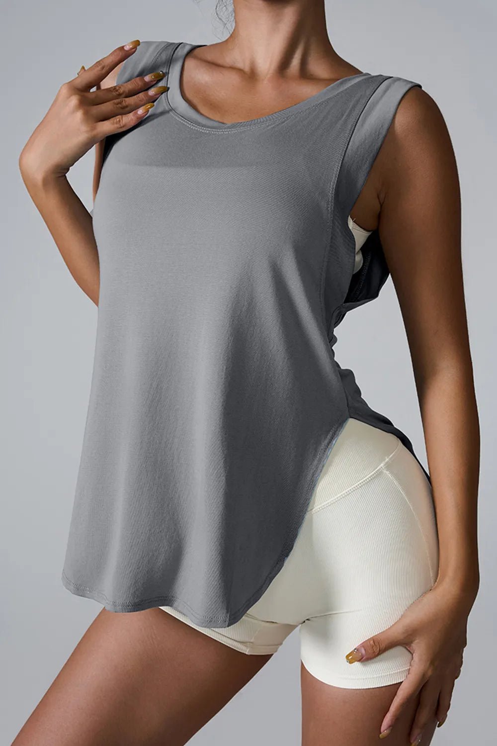 Slit Round Neck Active Tank - FLORENTINE IRIS