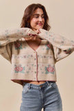 SO ME Floral Pattern Long Sleeve Button Sweater Cardigan - FLORENTINE IRIS