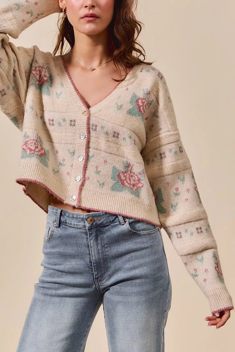 SO ME Floral Pattern Long Sleeve Button Sweater Cardigan - FLORENTINE IRIS