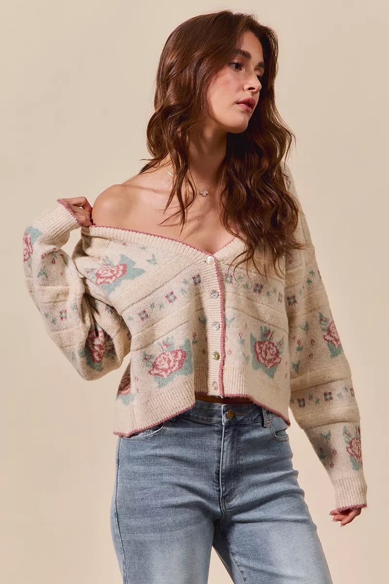 SO ME Floral Pattern Long Sleeve Button Sweater Cardigan - FLORENTINE IRIS