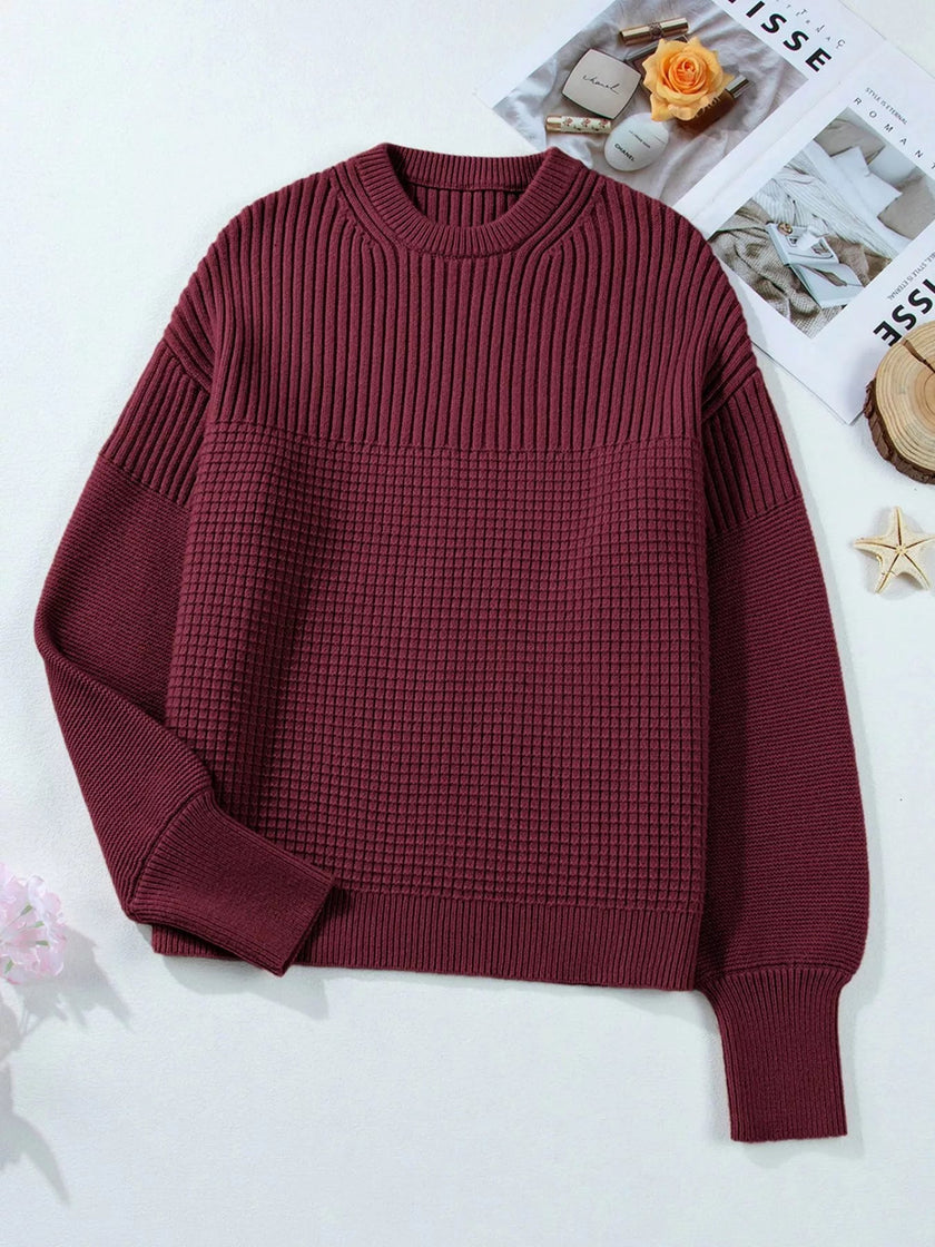 Solid Color Mixed Textured Knitted Crew Neck Sweater - FLORENTINE IRIS