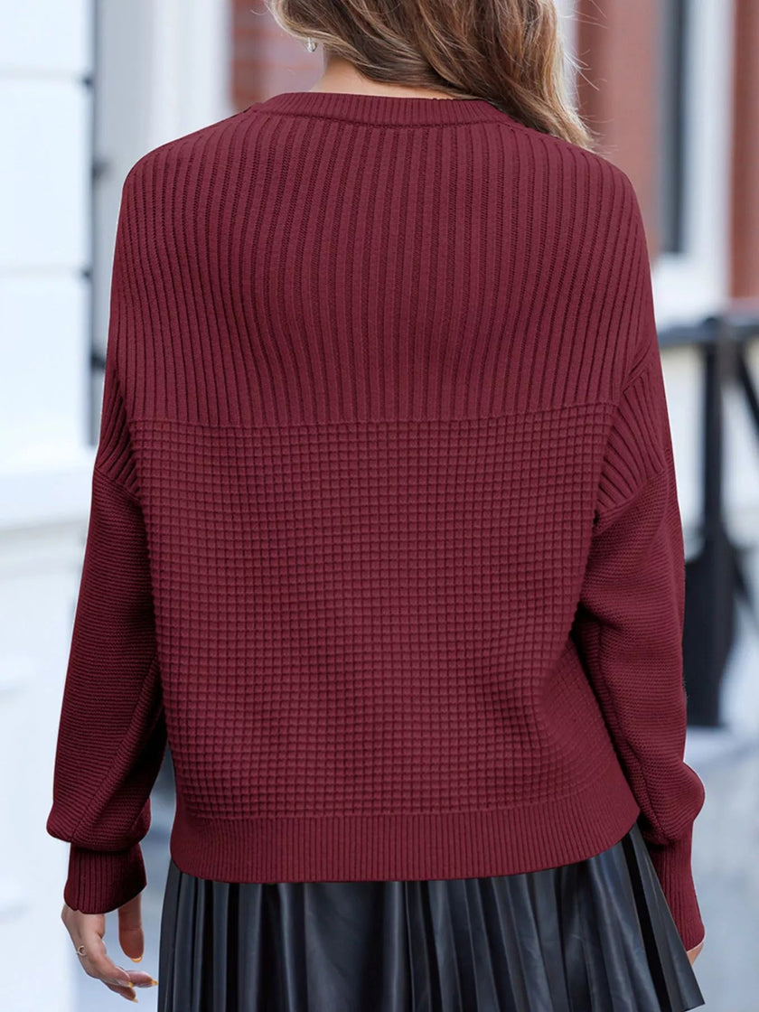 Solid Color Mixed Textured Knitted Crew Neck Sweater - FLORENTINE IRIS