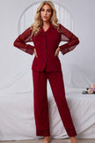 Spliced Lace Lapel Collar Pajama Set - FLORENTINE IRIS