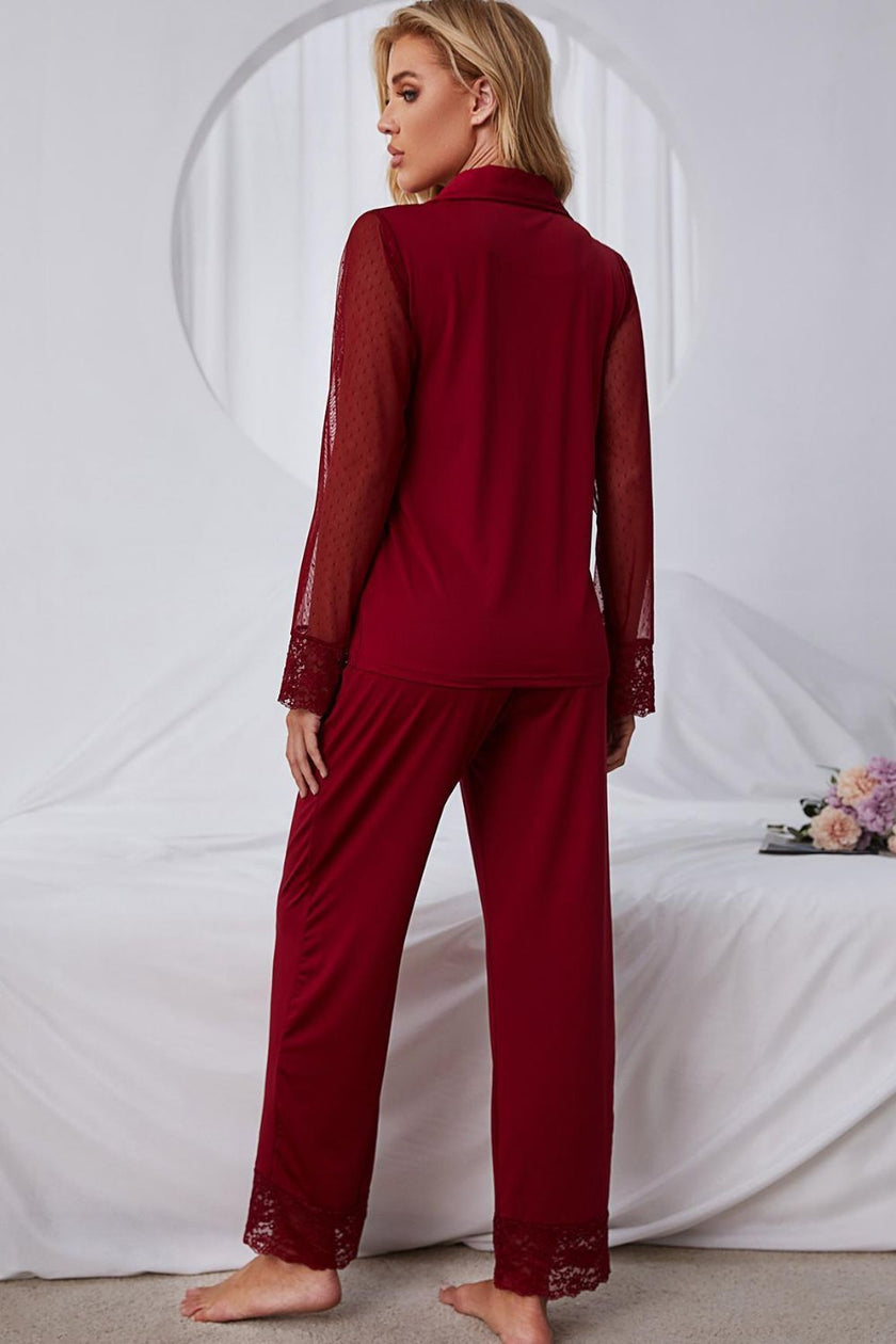 Spliced Lace Lapel Collar Pajama Set - FLORENTINE IRIS
