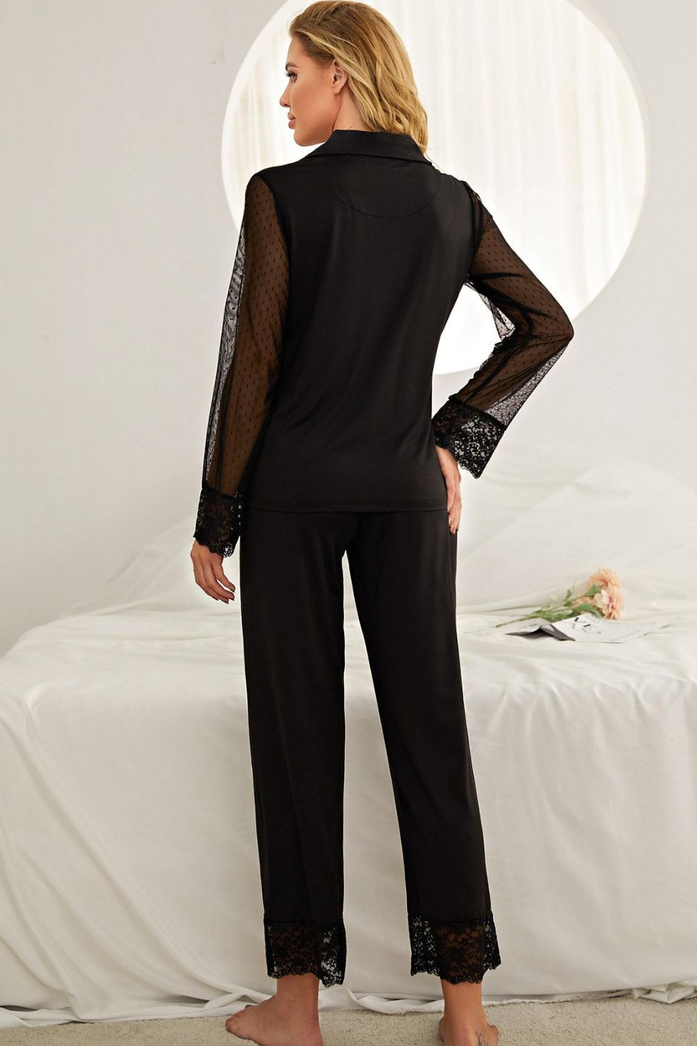 Spliced Lace Lapel Collar Pajama Set - FLORENTINE IRIS