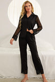Spliced Lace Lapel Collar Pajama Set - FLORENTINE IRIS