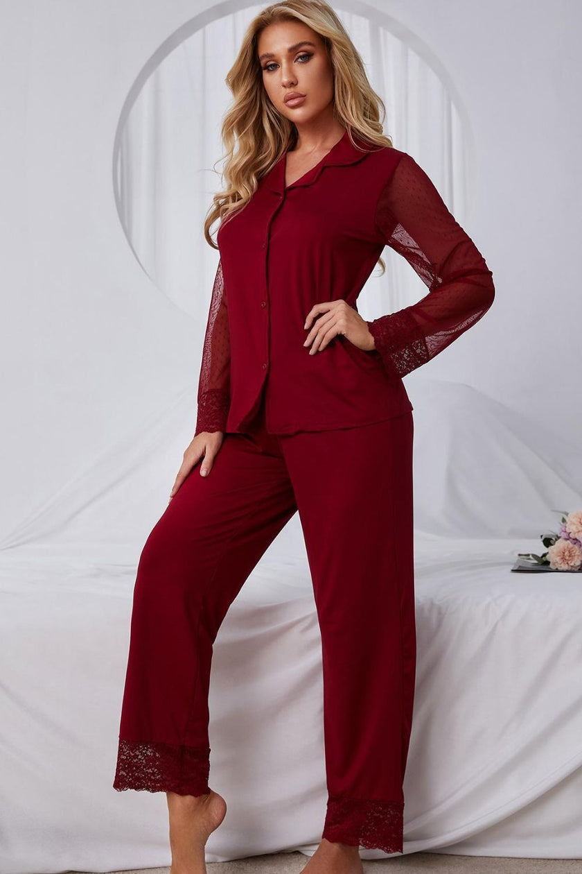 Spliced Lace Lapel Collar Pajama Set - FLORENTINE IRIS