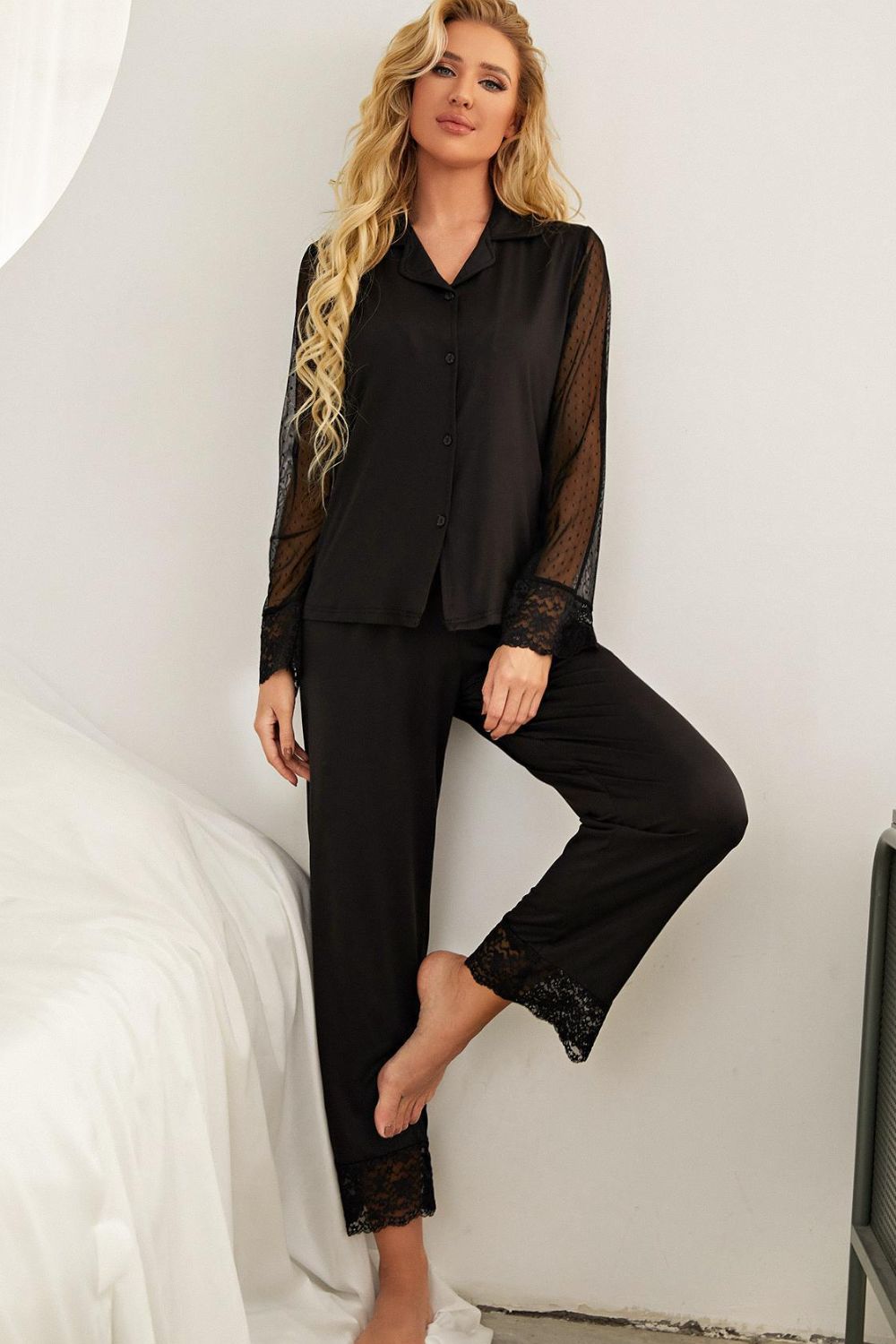 Spliced Lace Lapel Collar Pajama Set - FLORENTINE IRIS