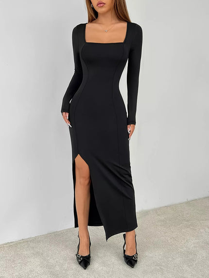Square Neck Long Sleeve Slit Bodycon Maxi Dress - FLORENTINE IRIS